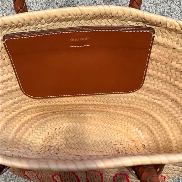 Miu Miu Straw Tote with Red Embroidered Logo and Brown Braided Handles - Picture 4 of 4